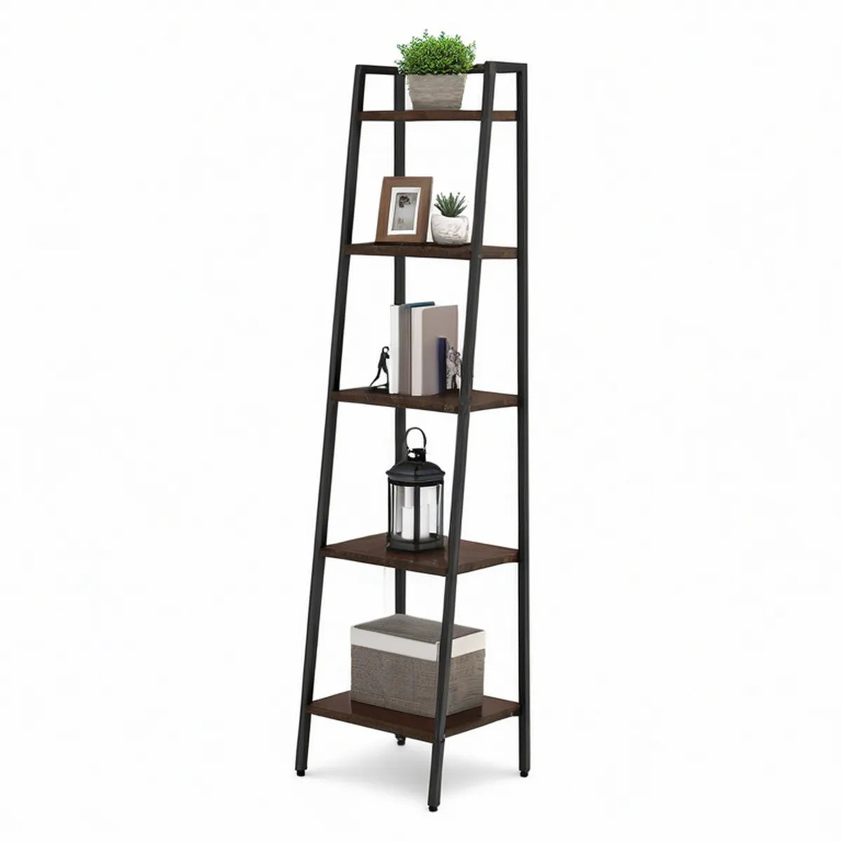Žebříkový regál s 5 policemi, ocel a MDF, 60 × 35 × 180 cm, černý/tmavě hnědý