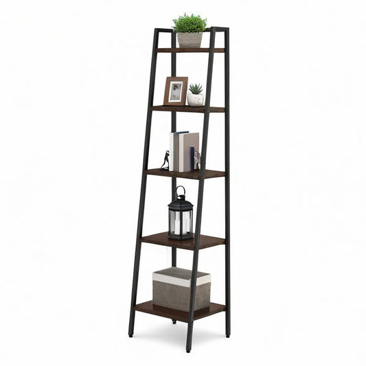 Žebříkový regál s 5 policemi, ocel a MDF, 60 × 35 × 180 cm, černý/tmavě hnědý